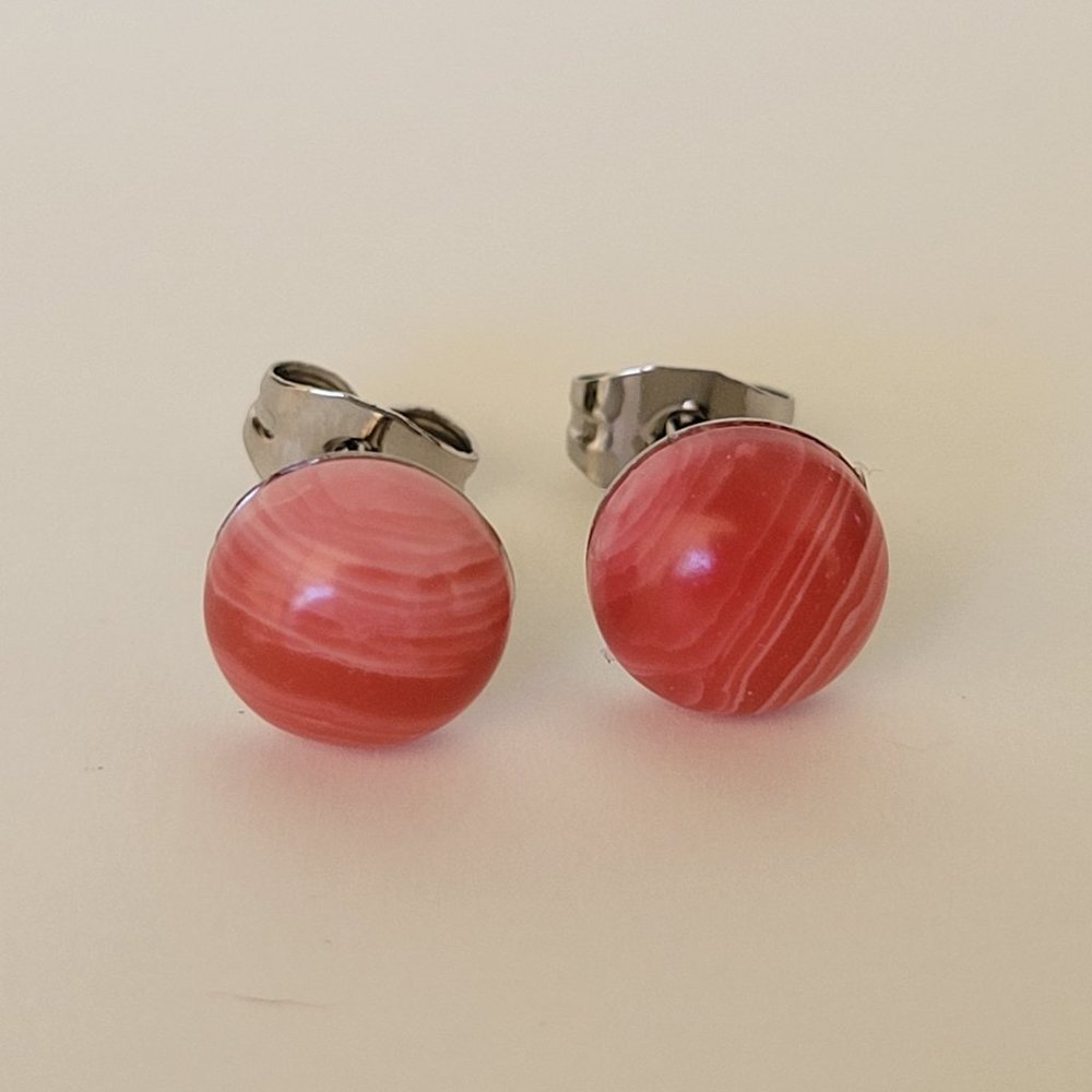 New 8mm Watermelon Agate Stud Earrings 316L SS Posts Hypoallergenic Minimalist